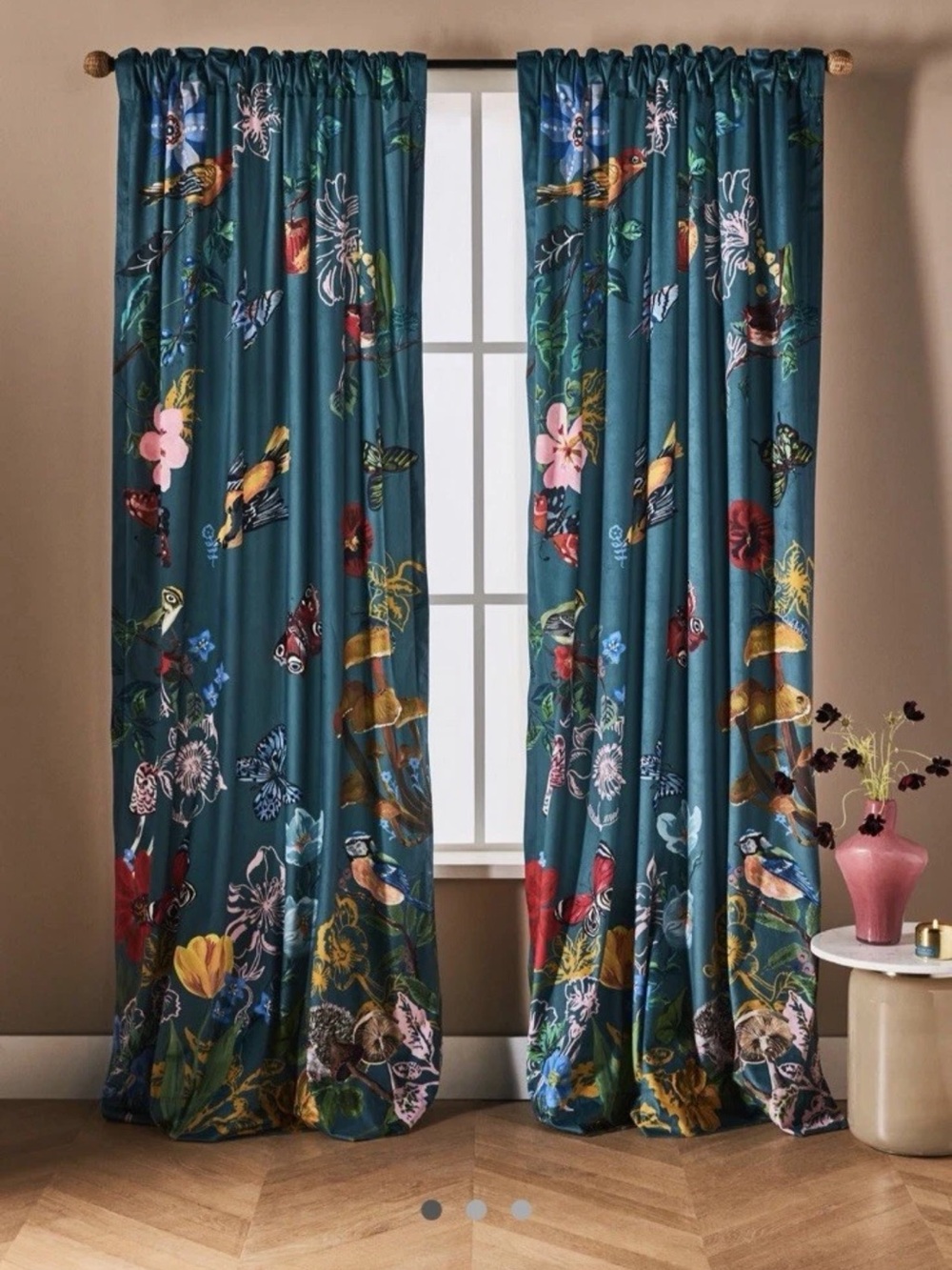 Anthropologie Teal Botanical & Multicolor Bird Print Drapes